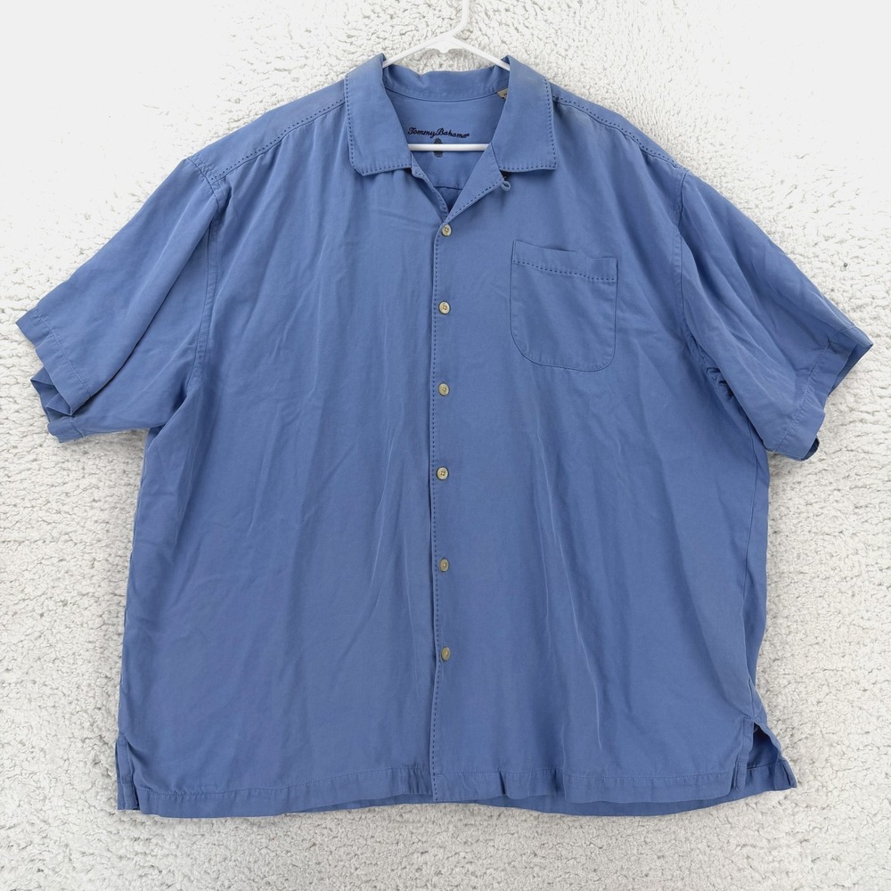 Tommy Bahama Shirt Mens 2XL Blue Solid Silk Camp Short Sleeve Button Up Casual